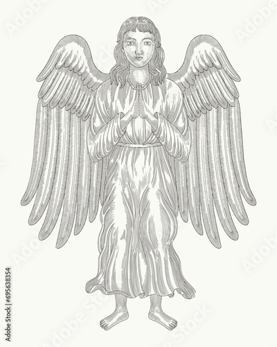 Angel greets, Vintage engraving drawing vector illustration