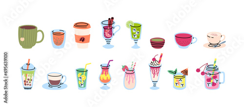 Vector glasses with non alcohol drinks set. Doodle different types of mugs glasses filled with hot and cold beverages. Tea, coffee, hibiscus, milkshake and seasonal drinks