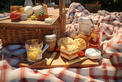 still life with bread and wine picnic basket generative AI