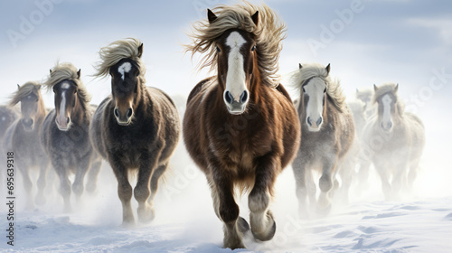 Beautiful robust and tough Icelandic horses in winter