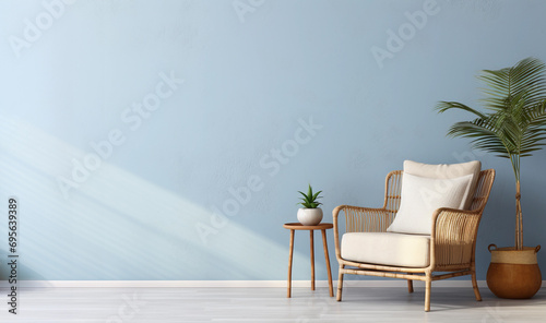  Modern living room interior featuring an empty dusty blue wall for mockups. Cozy wicker armchair,  with green plants, and table. Natural daylight streams in from a window.   photo