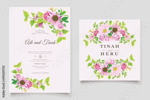 pink and green floral watercolor background invitation card set