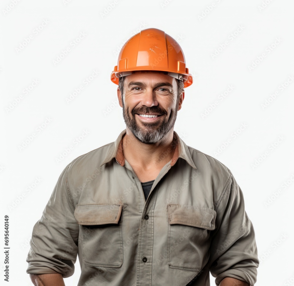 Portrait of a smiling mature man wearing hardhat over white background Portrait of a smiling mature man wearing hardhat over white background