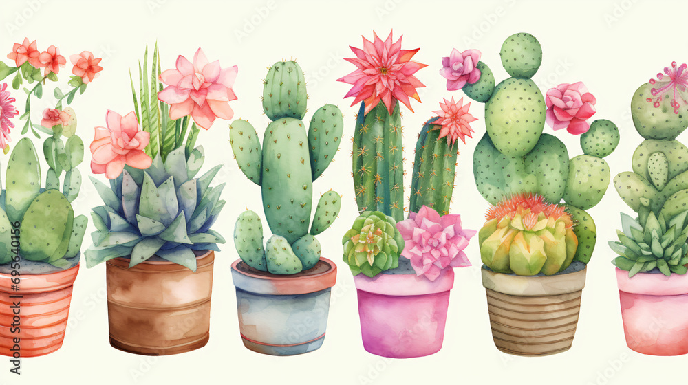 Beautiful watercolor cactus in flower pots seamless background