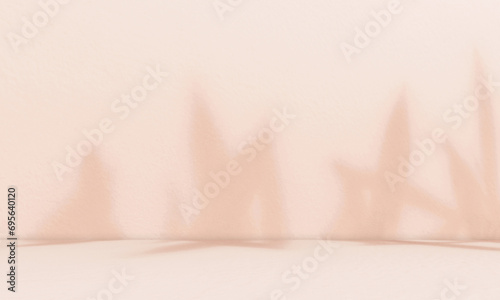Empty brown beige cream room studio with sunlight effect shadow of leaves. Minimal background for product presentation. Autumn, Summer or Spring backdrop. Cosmetic and beauty products display room.