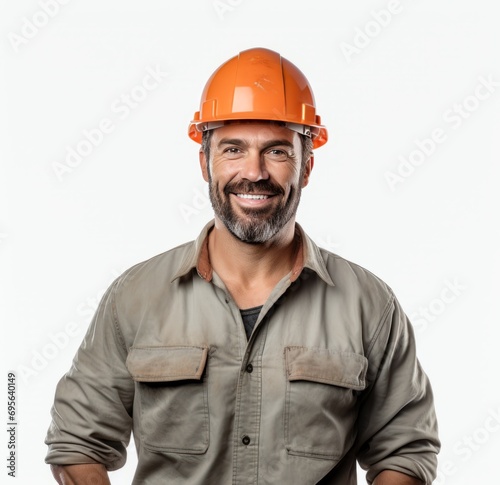 Portrait of a smiling mature man wearing hardhat over white background