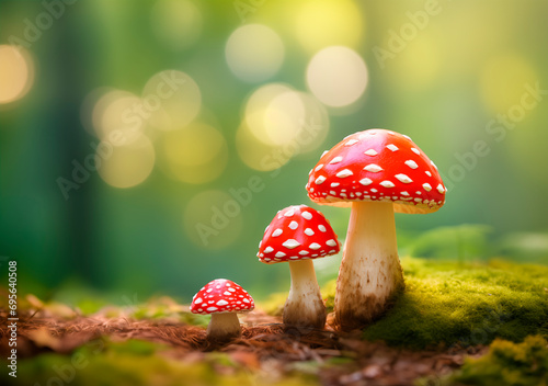 Two fly agarics close up on moss stump on blurred forest background with copy space