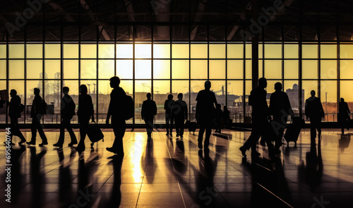 People walking at sun lit station or terminal hall, only silhouettes visible - busy lifestyle concept. Generative AI