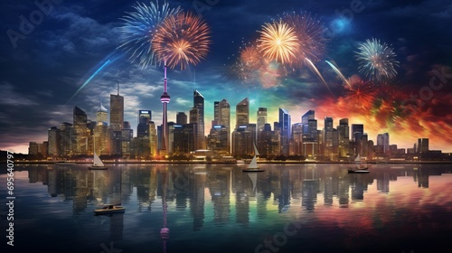 City skyline flare with fireworks lighting up the city night sky © ColdFire