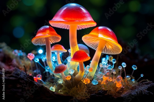 Luminescent Magic fluorescent mushroom forest. Fungi poison. Generate Ai