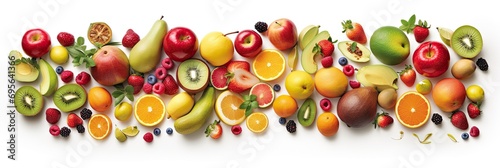 Assortment of different fruits and berries. Flat lay, top view.