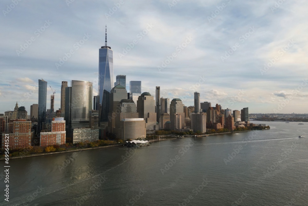 New York skyline landmarks skyscrapers. Travel to America. New York, USA. View of Manhattan in New York. New York City, USA midtown Manhattan financial district skyline.