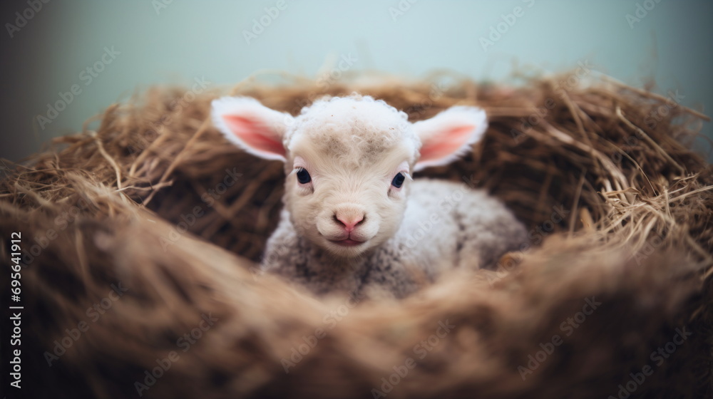 Portrait of cute white small sheep lamb in straw nest in vintage retro effect style. Happy Easter and springtime concept. - obrazy, fototapety, plakaty 