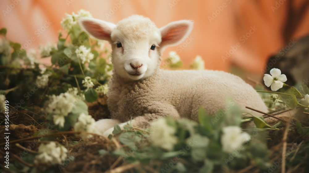 Obraz premium Portrait of cute white small sheep lamb in straw with white flowers in vintage retro effect style. Happy Easter and springtime concept.