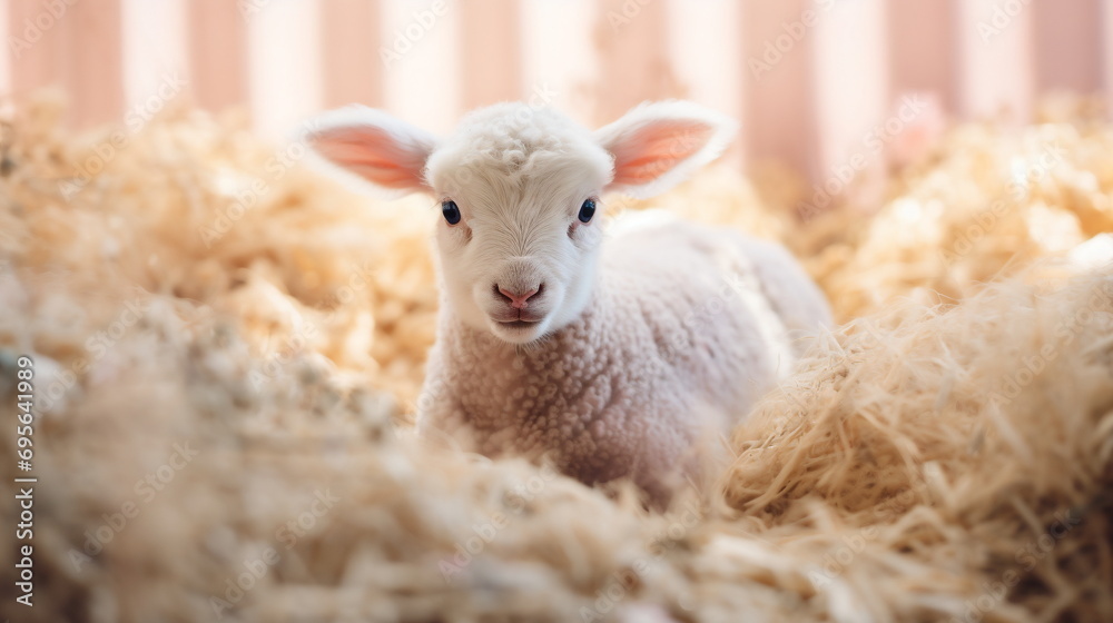 Portrait of cute white small sheep lamb in straw in vintage retro effect style. Happy Easter and springtime concept.