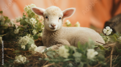 Portrait of cute white small sheep lamb in straw with white flowers in vintage retro effect style. Happy Easter and springtime concept. © Milan