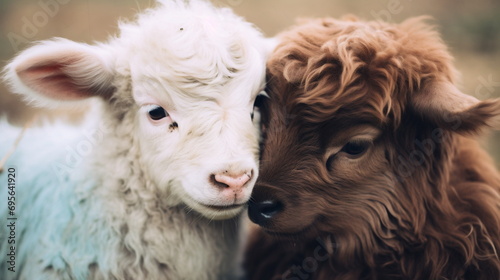 Portrait of a white lamb and brown calf with their noses touching. Concept of love, friendship, Valentine's Day and peace among animals.