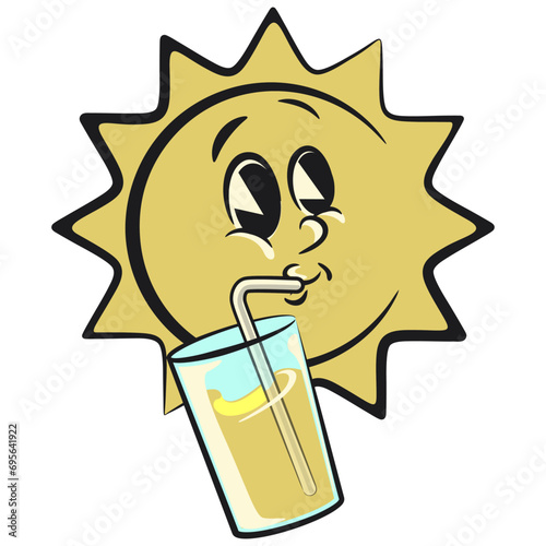 illustration of a smiling sun vintage character mascot with a funny face drinking a glass of fresh juice