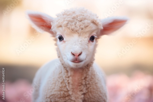 Portrait of cute white lamb against pink and yellow. Small sheep against green background. Happy Easter and springtime concept.