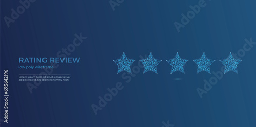 Five star rating review illustration low poly background, starry sky consisting of points, lines, and shapes in the form of stars. low poly wireframe