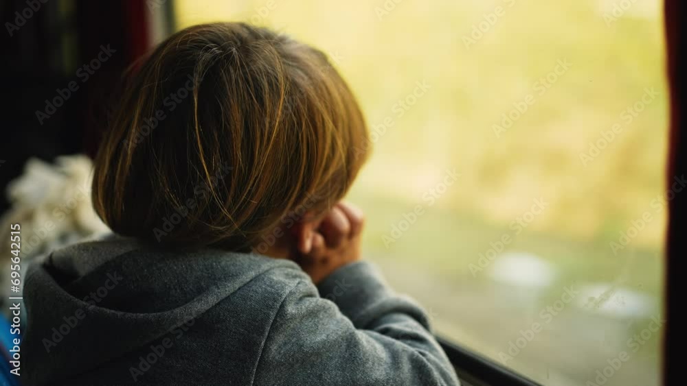 Pensive child watching scenery pass by while traveling by train