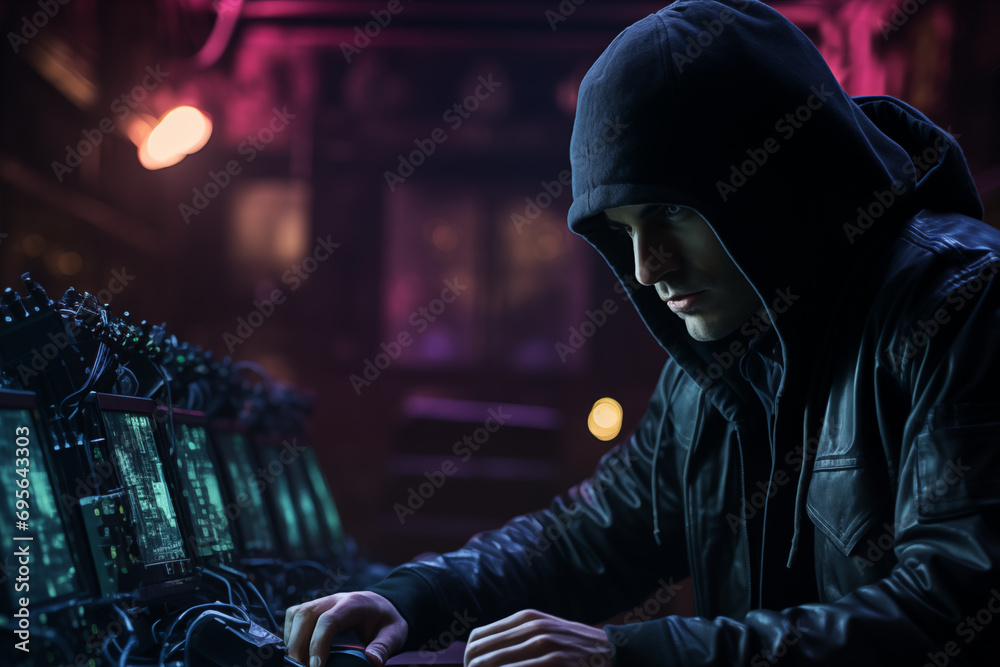 Dangerous Hooded Hacker Breaks into Government Data Servers and Infects Their System with a Virus. His Hideout Place has Dark Atmosphere, Multiple Displays, Cables Everywhere, Generative AI. Dangerous Hooded Hacker Breaks into Government Data Servers and Infects Their System with a Virus. His Hideout Place has Dark Atmosphere, Multiple Displays, Cables Everywhere, Generative AI.