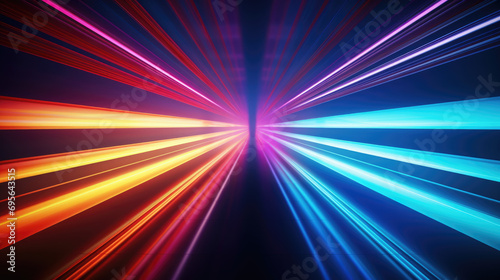 Horizontal neon stripes in vibrant colors, resembling fast-moving light tubes, create an energetic background with a sense of dynamic motion.