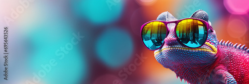 Chameleon with sunglasses on a solid color background.