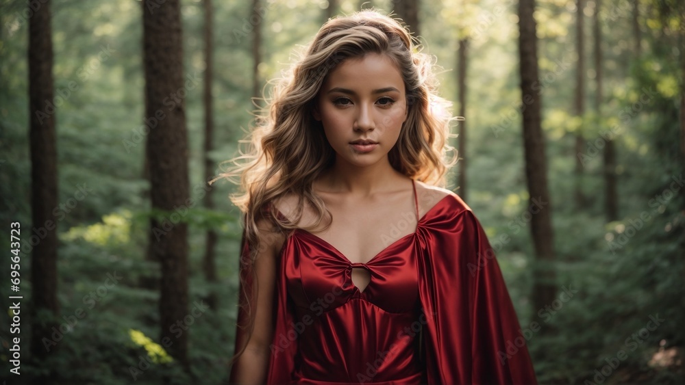 young woman in red dress in woods young woman in red dress in woods