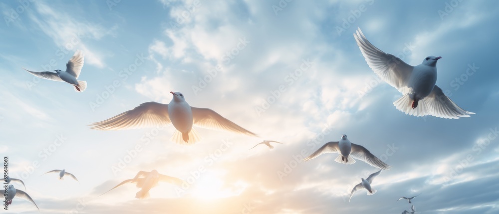 Birds in flight. Concept of grace and freedom of soaring birds Birds in flight. Concept of grace and freedom of soaring birds