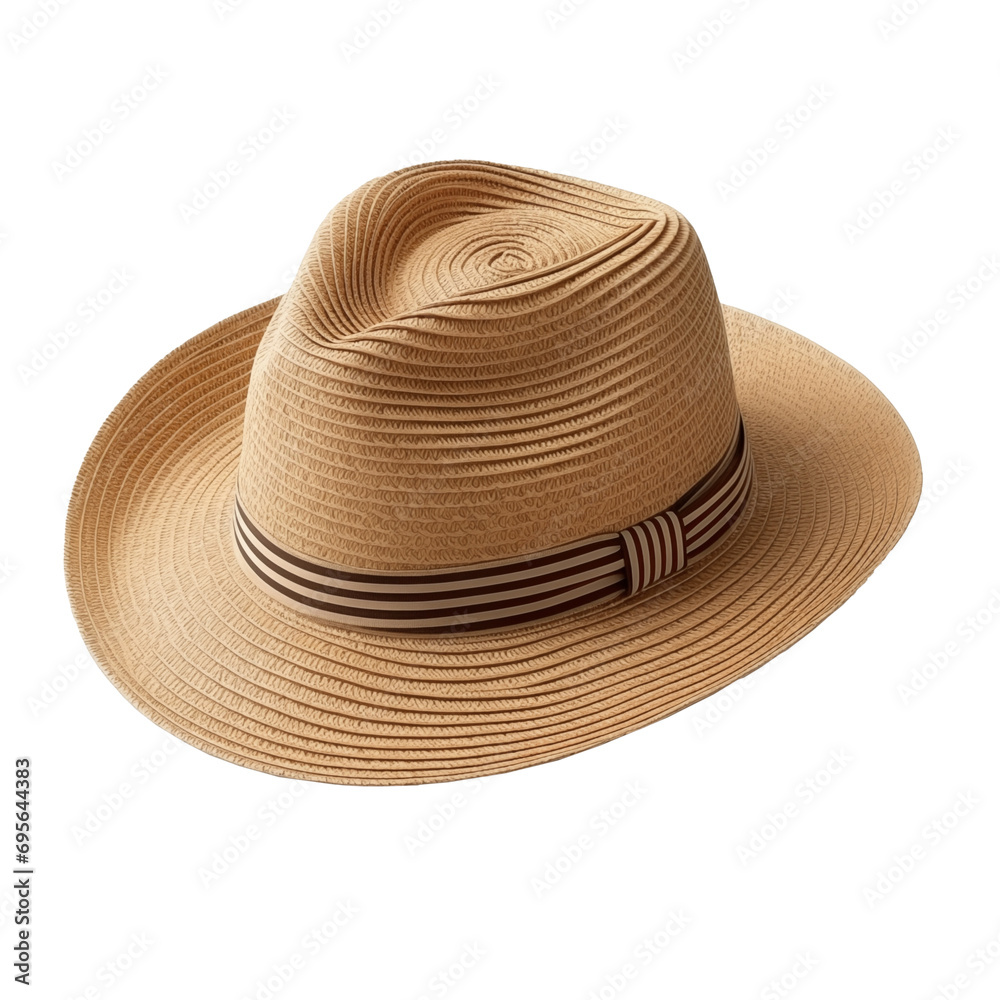Straw sun hat isolated on a white background. Mens' or womens' fedora straw hat, striped ribbon. Stylish summer, beachwear, vacation, travel, accessory for UV protection, beach day, sun protection Straw sun hat isolated on a white background. Mens' or womens' fedora straw hat, striped ribbon. Stylish summer, beachwear, vacation, travel, accessory for UV protection, beach day, sun protection