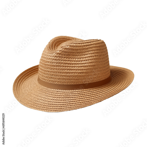 Fedora sun hat isolated on a white background. Mens' or womens' packable straw hat. Stylish summer, beach hat, beachwear, vacation, travel, accessory for UV protection, beach day, sun protection photo