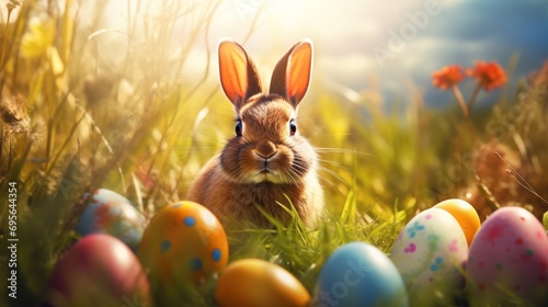 Bunny Bonfire: Adorable Easter Rabbit Celebrating Amidst the Glow of Vibrant Eggs. Generative AI