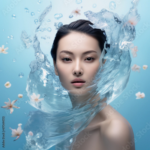 Asiatische Schönheit umhüllt von Wasser und Blüten, Generative AI