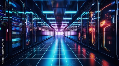 Data center server room. Modern neon server room