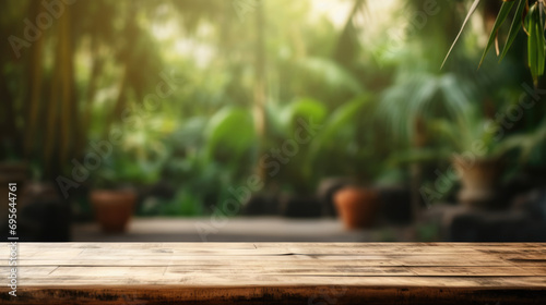 Empty Old Bamboo Table with Blurred Garden Theme in Background  Perfect for Product Display.