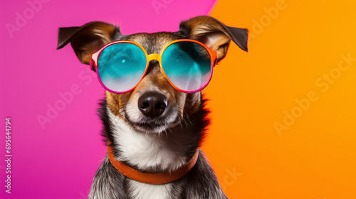 Dog with sunglasses on a solid color background. © ikkilostd