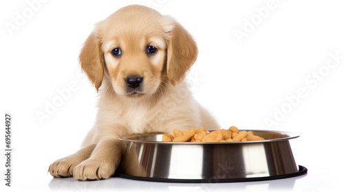 Puppy with food bowl isolated on white background