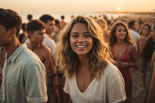 Crowd of young people enjoying at beach party at sunset