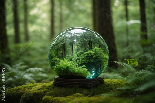 Glass globe encircled by verdant forest flora, symbolizing nature