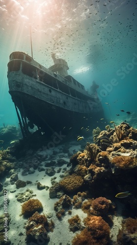 Sunken ship in the ocean. Wreckage of a sunken ship after a shipwreck