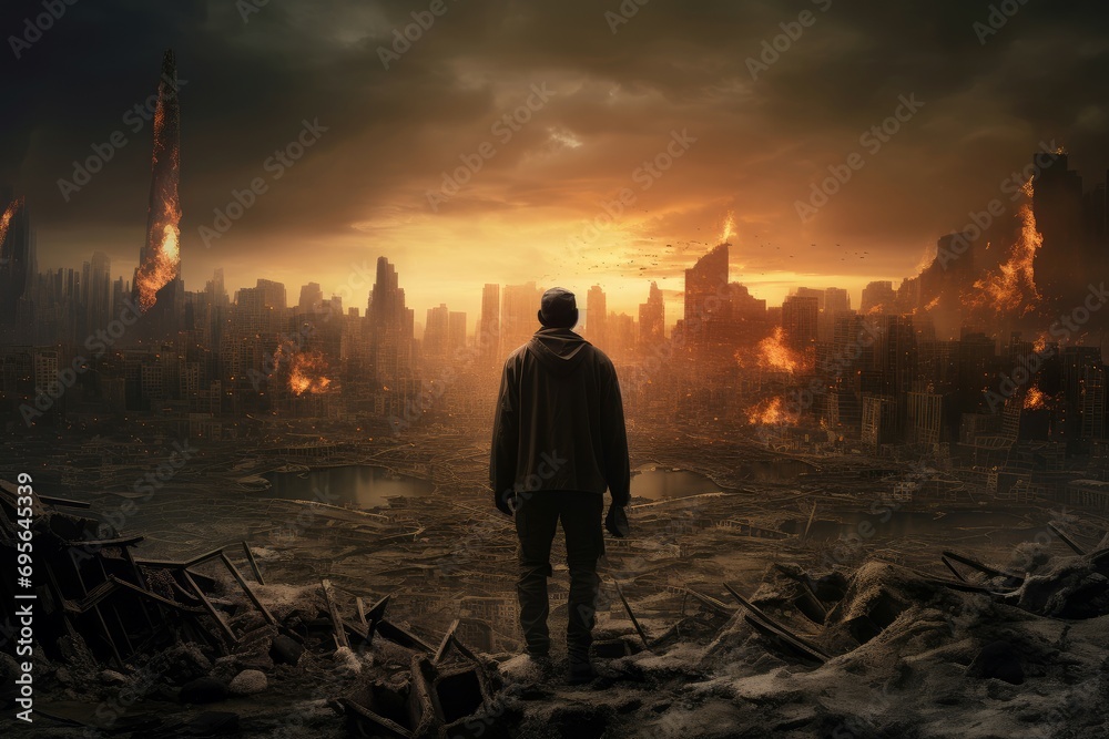 Ruined Man apocalypse city. Night disaster. Generate Ai - obrazy, fototapety, plakaty 