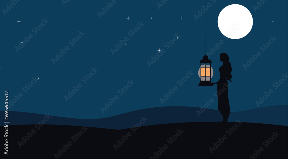 minimalist vector character exuding a dreamy atmosphere, lost in thought under the moonlight against a clear, minimalist backdrop. moonlit lantern