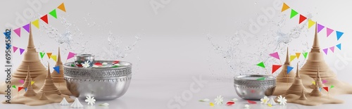 3d rendering illustration background for Songkran festival background in thailand water festival 3d with with blue water splash,thai architecture. ( Translation thai : Songkran Thailand )