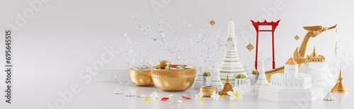 3d rendering illustration background for Songkran festival background in thailand water festival 3d with with blue water splash,thai architecture. ( Translation thai : Songkran Thailand )