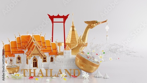 3d rendering illustration background for Songkran festival background in thailand water festival 3d with with blue water splash,thai architecture. ( Translation thai : Songkran Thailand )