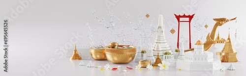 Canvas Print 3d rendering illustration background for Songkran festival background in thailand water festival 3d with with blue water splash,thai architecture