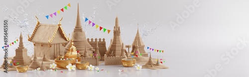 3d rendering illustration background for Songkran festival background in thailand water festival 3d with with blue water splash,thai architecture. ( Translation thai : Songkran Thailand )