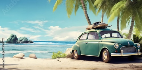 Vintage Green Car on the Shoreline with White Sand and Palm Trees