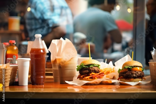 Street Food Stand with Burgers, Fries, Ice Cream, Sodas, and Drinks, Blurred Forms in Masculine Wood Style - Urban Feast photo